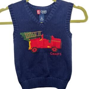 Chaps Boys  knit cotton navy holiday sweater vest Christmas firetruck boys  5